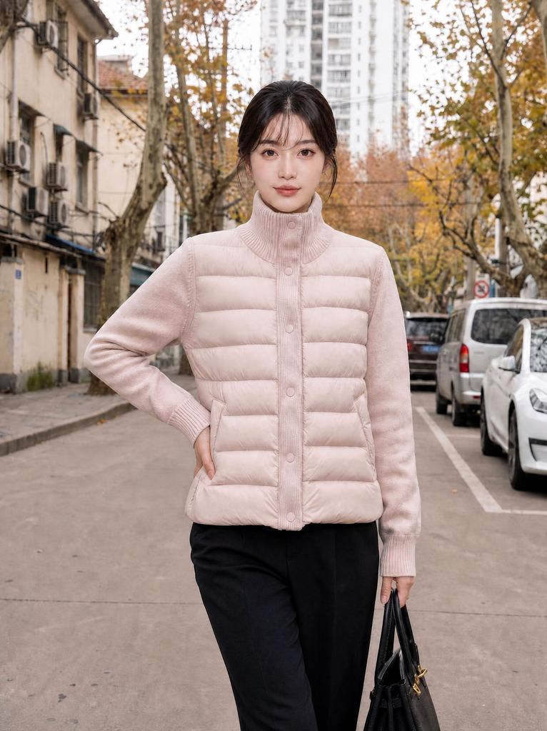 Thin and light stand-up collar down cotton-padded clothes for women's winter new knitted sleeves splicing ribs clip cotton-padded jacket thickened cot