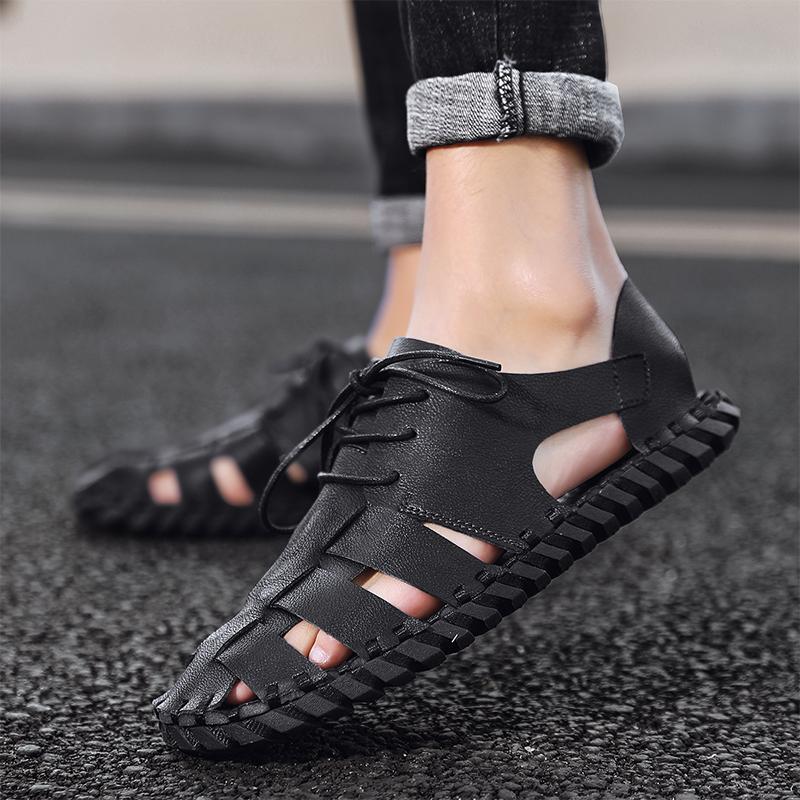 Casual Fashion Men Shoes Slip-On Leather Soft Non-slip Beach Summer Double Buckle Sandals Slippers Flats Flip Flop Walking Shoes