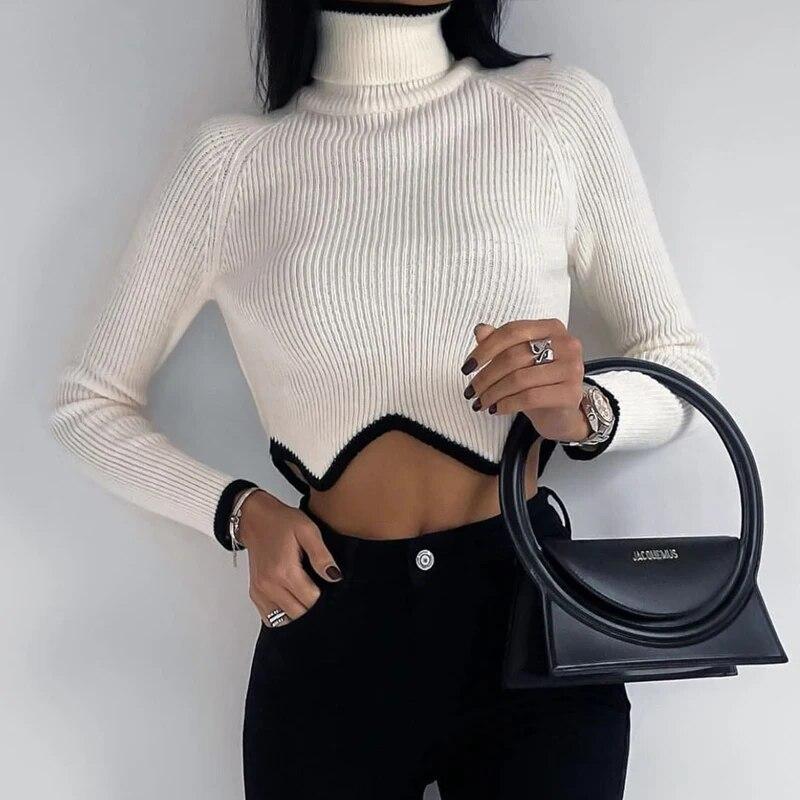 Fashion Turtleneck Irregular Hem Women Short Sweater Autumn Winter Long Sleeve Knitted Pullover Tops Elegant Sueter Mujer 30568