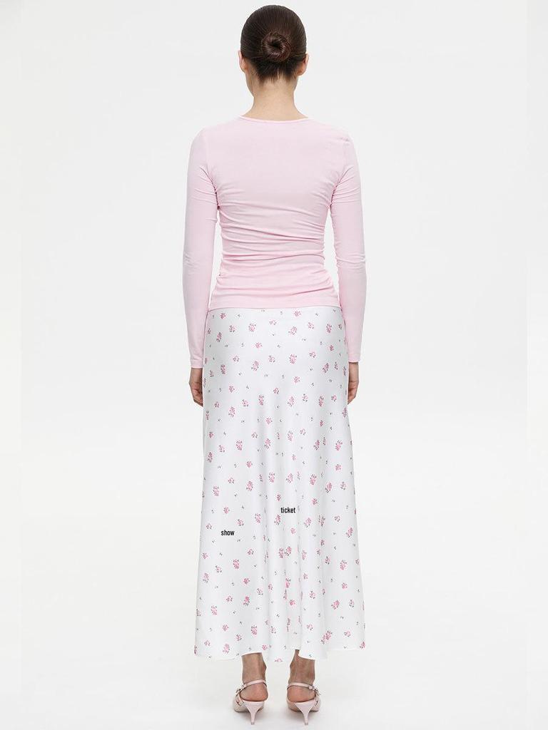 2025 Spring/Summer Floral Satin High-Waisted Midi Skirt