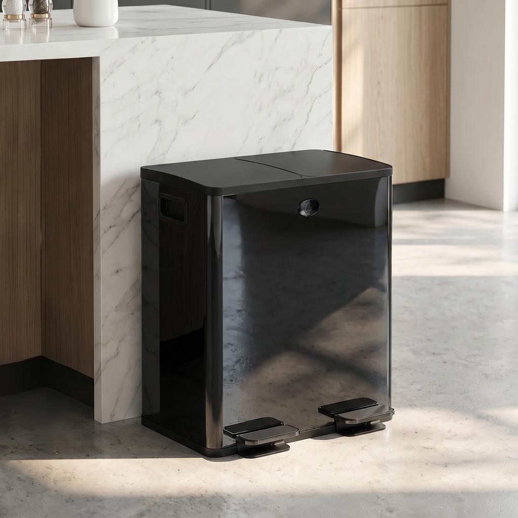 40L Dual Compartment Stainless Steel Bin, with Deodoriser Holders - Black