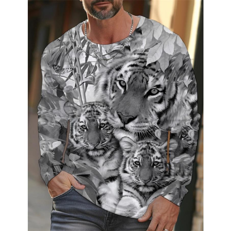 Tiger Grafik T-Shirt Langarm T-Shirt für Herren Kleidung Lässige T-Shirts Mode 3D Tierdruck Tops Vintage Herrenbekleidung
