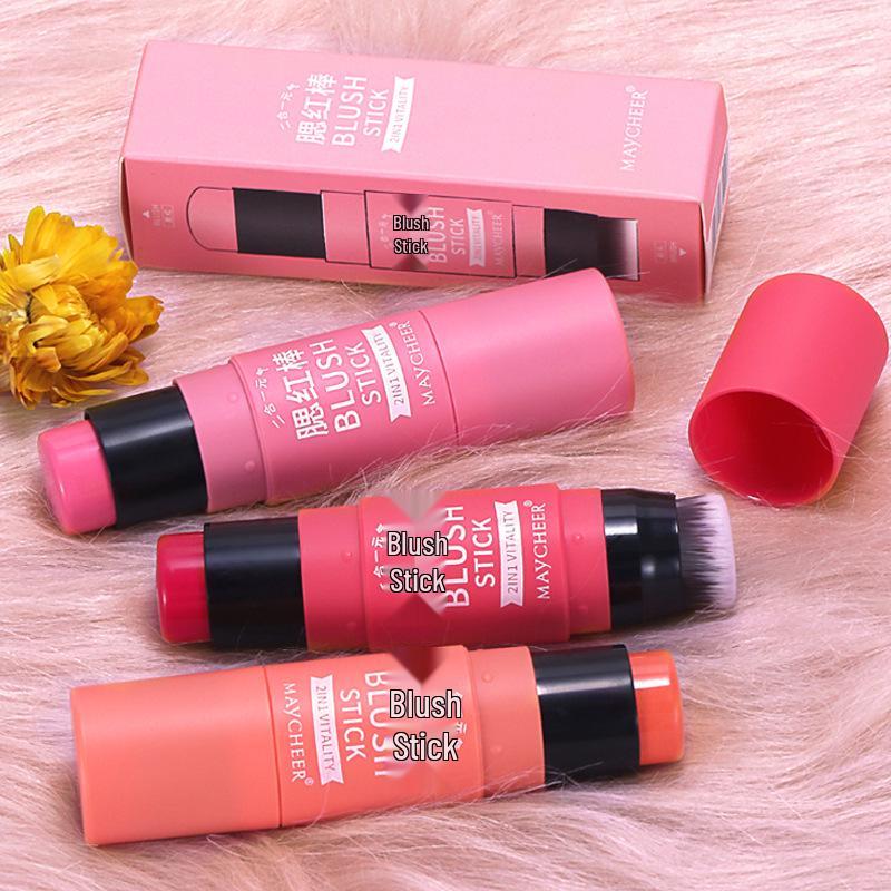 Meixi'er Coral Rose Cream Blush Stick with Brush - Natural Sun-Kissed Japanese Style.