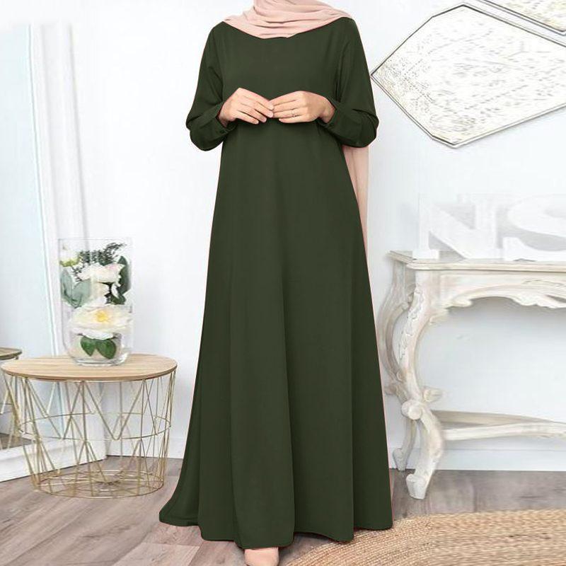 Elegant Solid Color Maxi Dress for Muslim Women – Long Sleeve, Casual & Comfortable