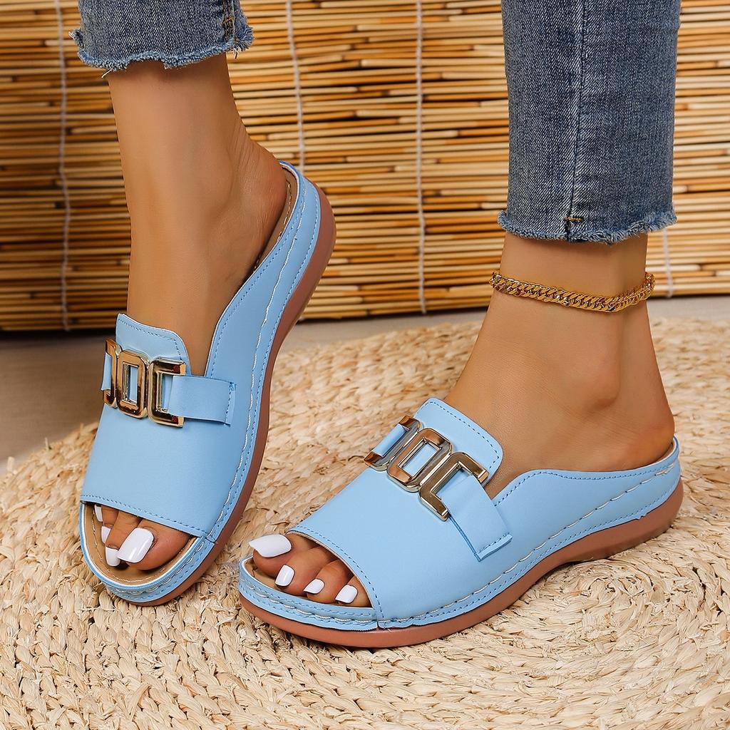 Women's Plus Size Wedge Thick Sole Slippers, Summer New European Style Buckle Open Toe Casual Beach Slides