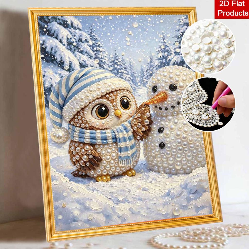 Pearl Painting Set 5D Pearl Mosaic Art Style Owl and Snowman Winter Scenery Home Wall Decoration.