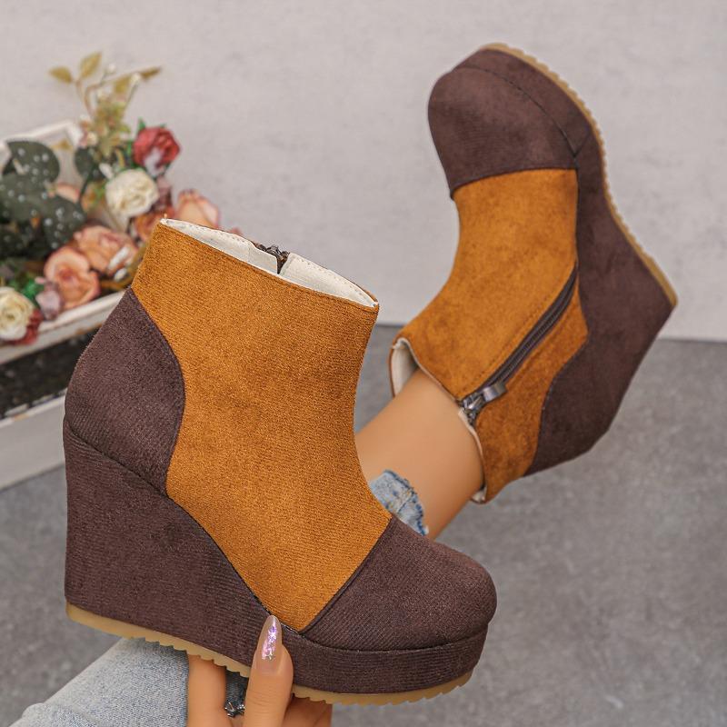 Plus‑Size Round Toe Thick Platform Wedge High Heel Women Ankle Boots