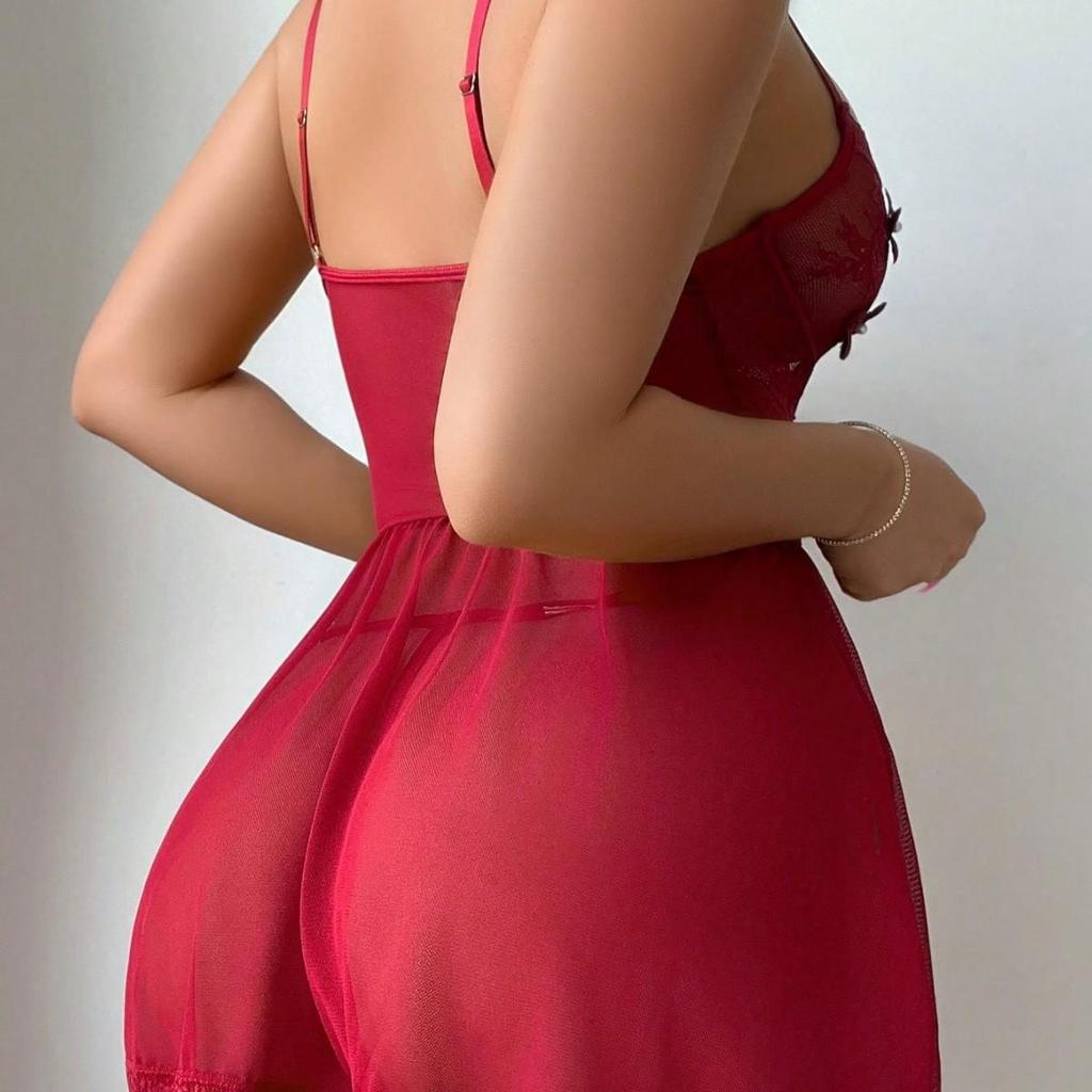 European & American Lace See-Through Red Lingerie Dress