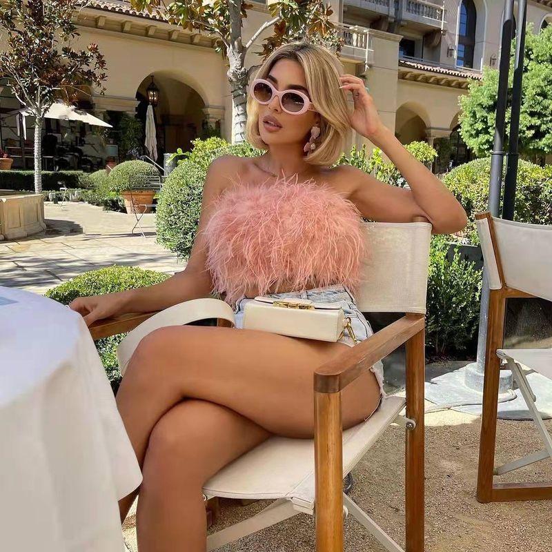 

Spring and Summer Sexy Backless Slim Fit Zipper Furry Tube Top Pink S