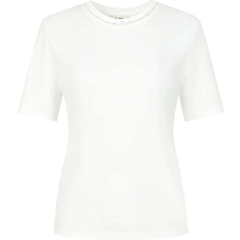 JUZUI Women's Pearl Round Neck Short Sleeve T-shirt