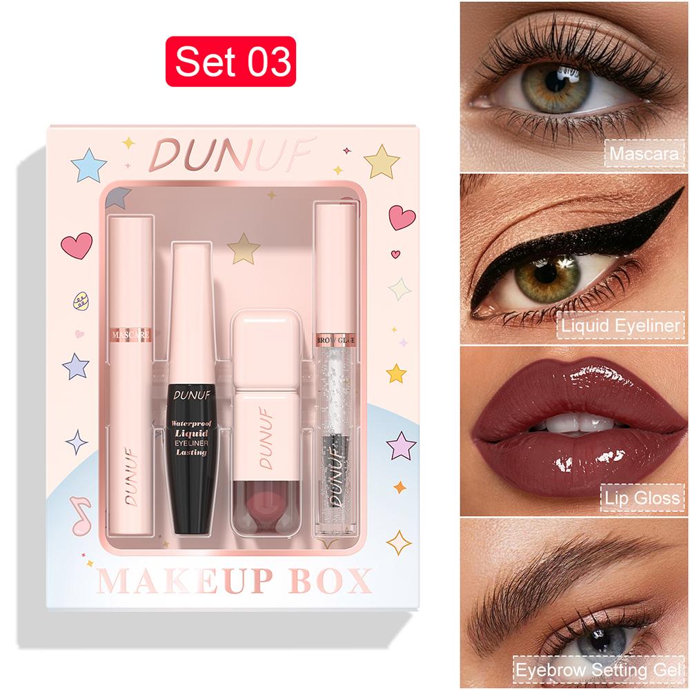 DUNUF 4-in-1 Professional Makeup Box - Mascara, Waterproof Eyeliner, Lip Gloss & Brow Gel, 12 Colors Available
