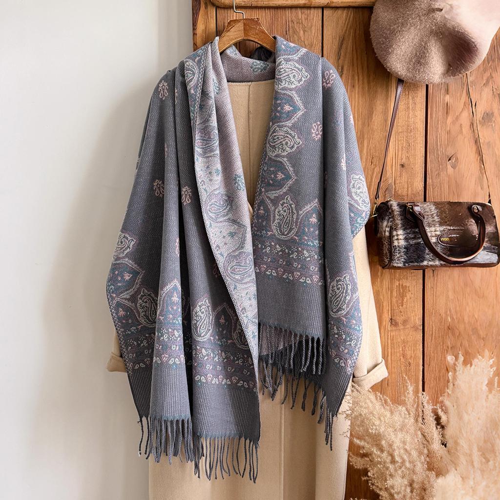 Fashion Women'S Winter Warm Cashmere Shawl - Vintage Floral Oil Painting Printed Tasseled Pashmina Thick Wrap
