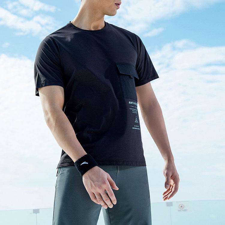 Anta Letter Pocket Casual Crew Neck T-Shirt Men Tops Black 952227109-4
