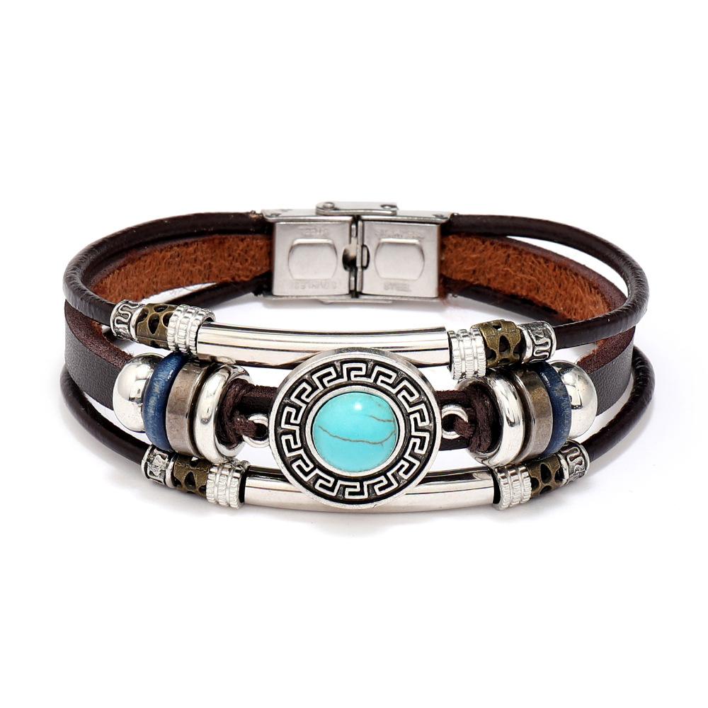 

Винтажный этнический бирюзовый браслет из кожи «кошачий глаз» для мужчин, регулируемый многорядный из нержавеющей стали, бохо, ручная работа, украшения для женщин