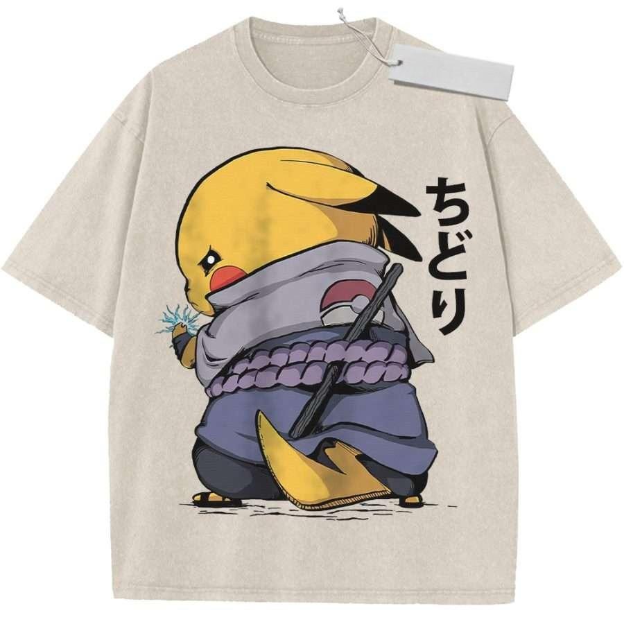 Beige Unisex Pure Cotton Washed Short Sleeve Sports T Shirt Vintage Anime Pikachu Cosplay Style Ninja Print