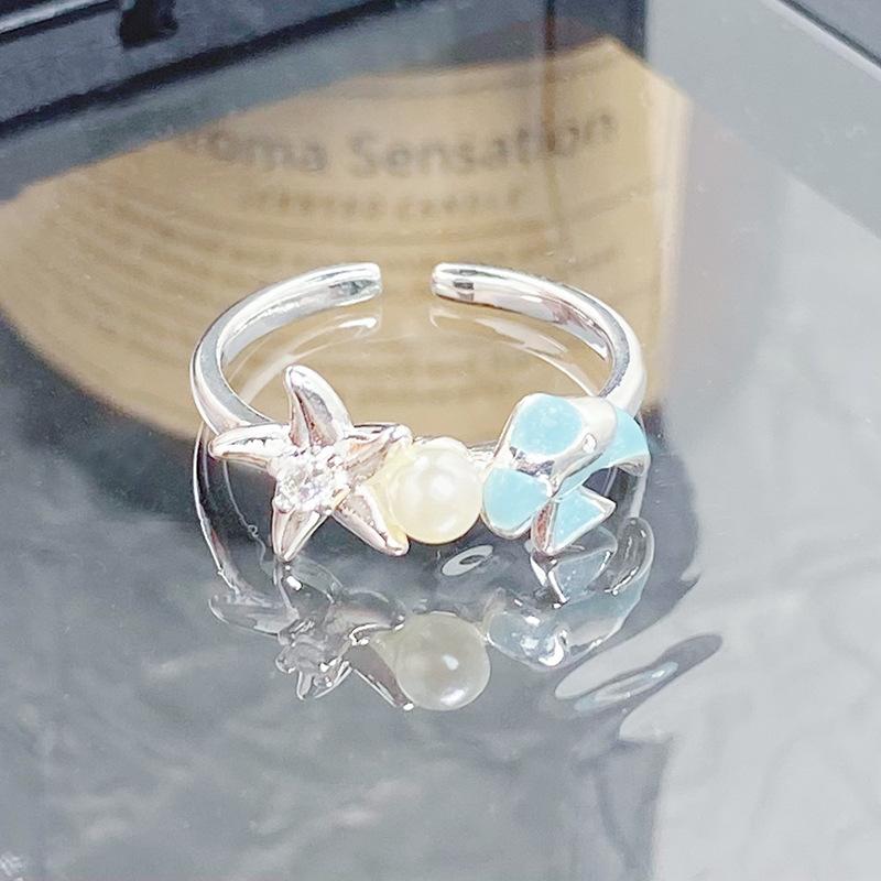 [Xinghai Secret Language] Starfish Enamel Dripping Oil Opening Ring Niche Light Luxury High-End Feeling Stacked With Zircon Ring Woman