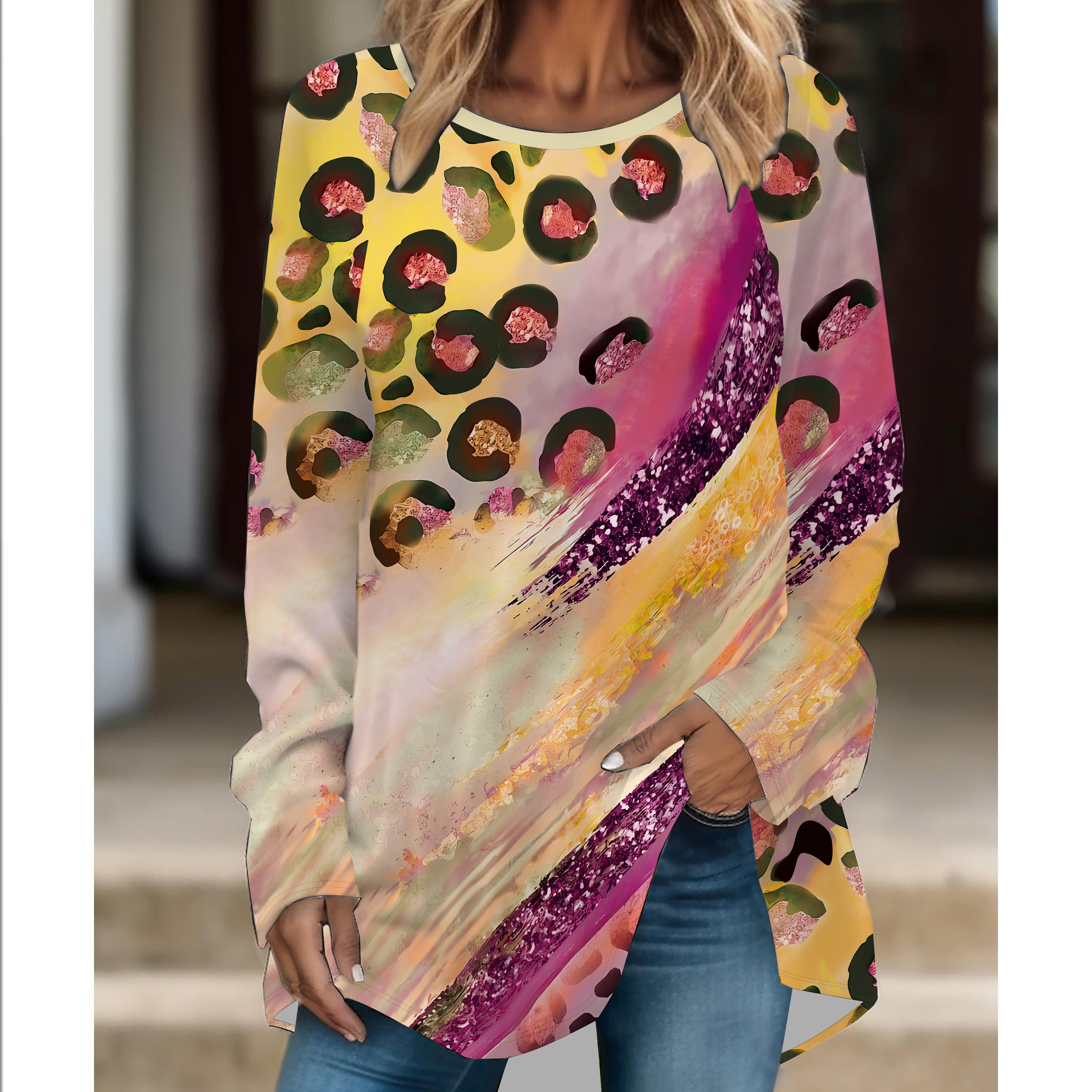 

Женская модная футболка большого размера с леопардовым принтом, удобная, с длинным рукавом и круглым вырезом, повседневная, свободного кроя, средней длины 6XL жёлтый