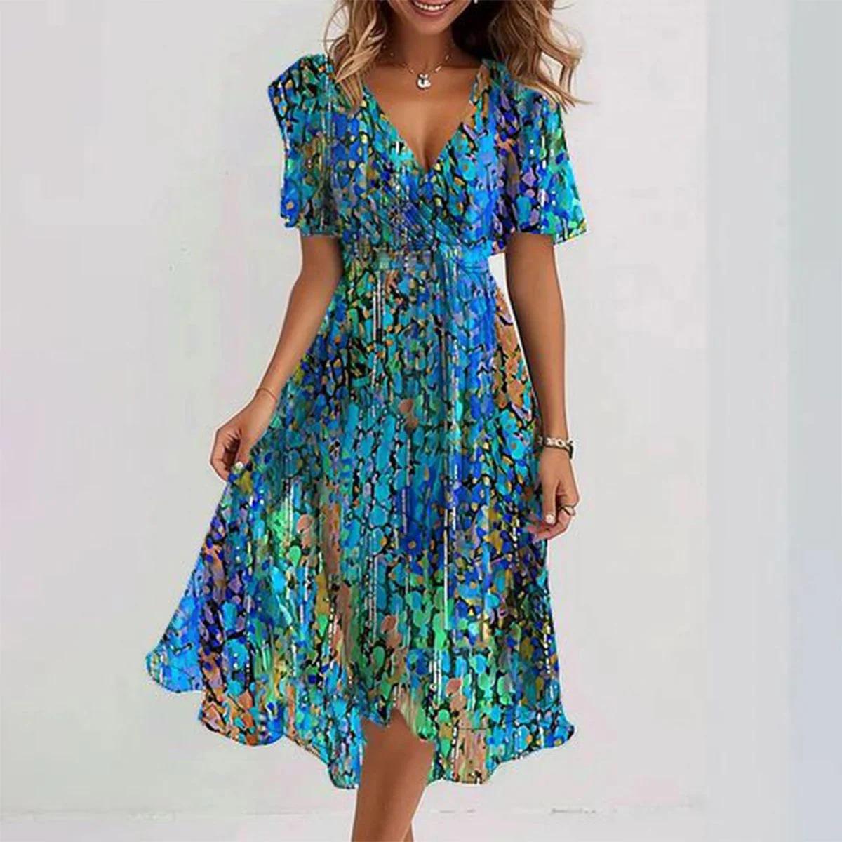 2026 European and American women s clothing, digital printing V-neck, short sleeves, waist, dress S