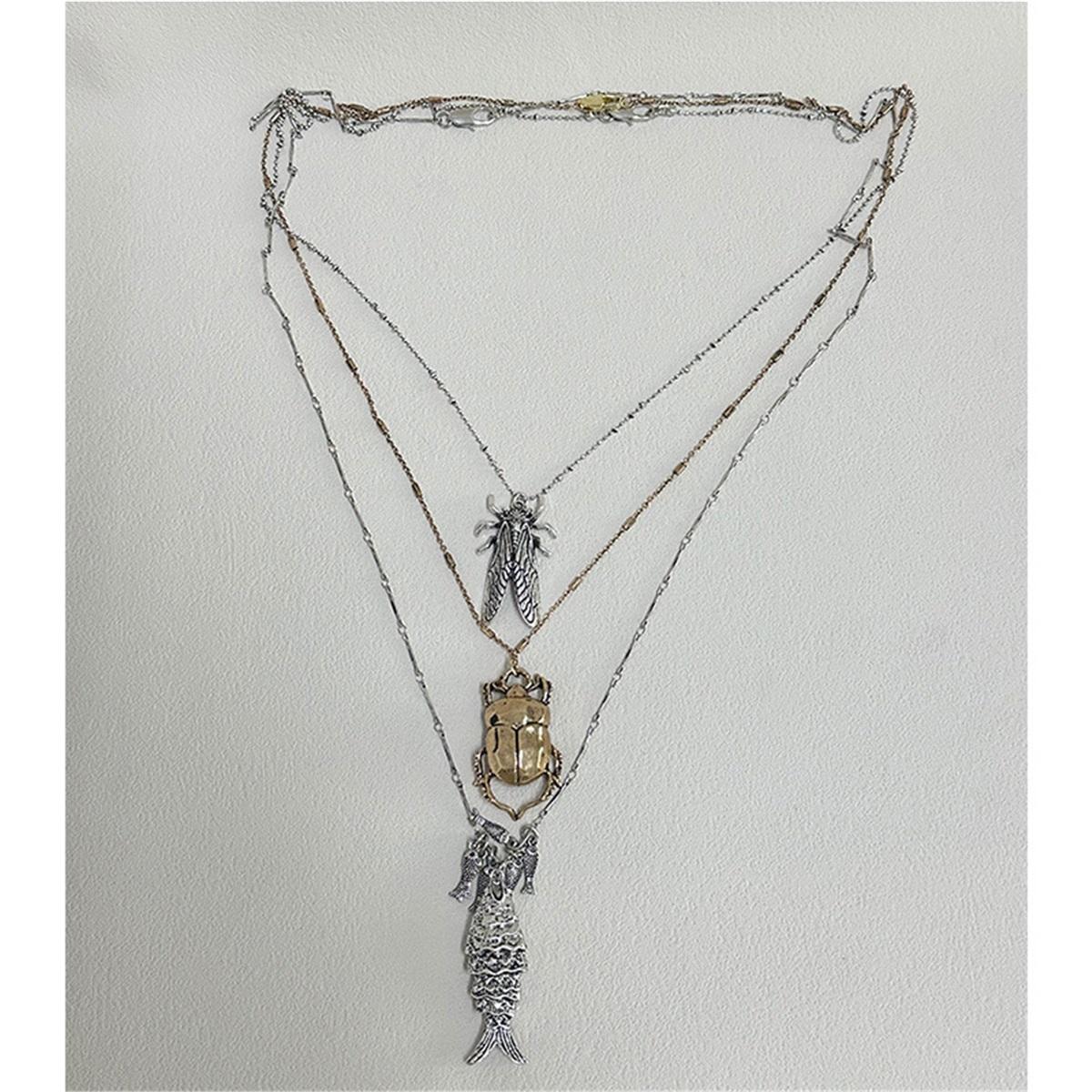 

Tooxika Vintage Small Fish Beetle Mockingbird Animal Shaped Pendant Necklace Multi Layered Sweater Chain Collarbone Chain