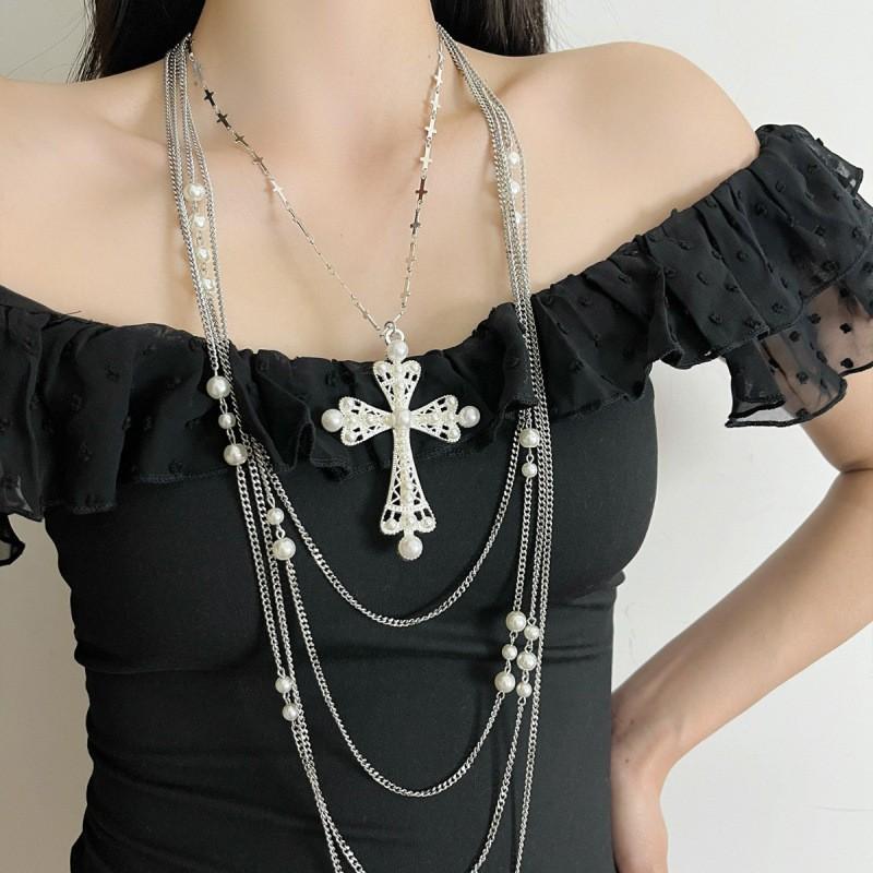 Y2K Punk Layered Cross Necklace Set Women Alloy Tone Chunky Gothic Choker Chain Jewelry