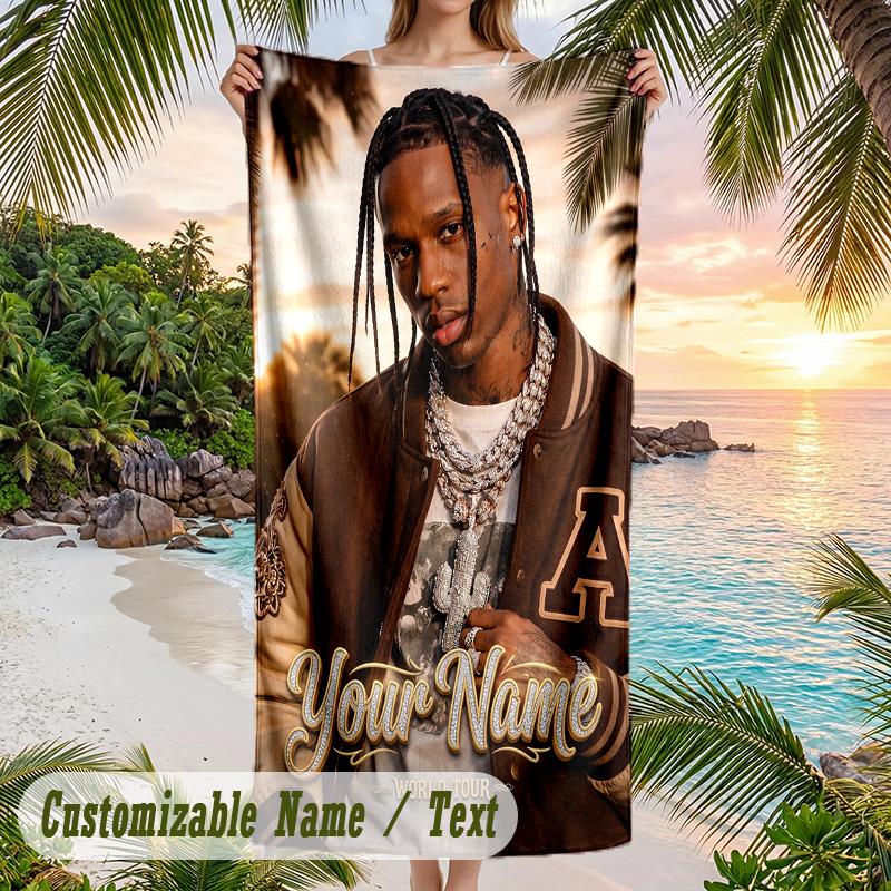 Travis Scott Beach Towel, Personalized Custom Name Text, Quick Dry Large Absorbent Towel For Beach Pool