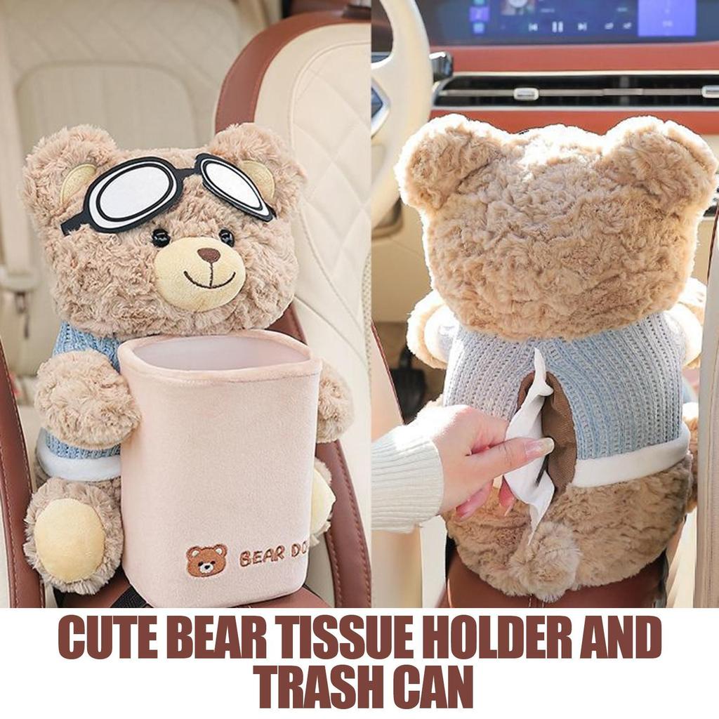 Car Tissue Box Vehicle Armrest Trash Can 2-in-1 Leakproof Plush Bear Tissue Holder And Trash Can For Vehicle Home Travel