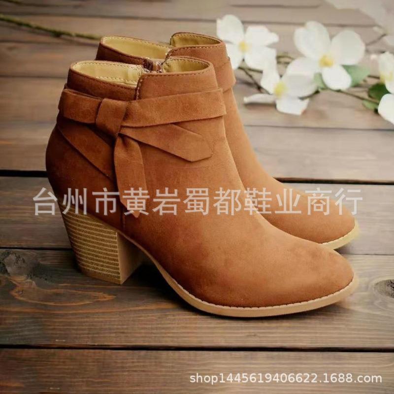 Autumn and Winter New Thick Heel Side Zipper Round Head Bow Martin Boots Women's Large Size and Ankle Boots