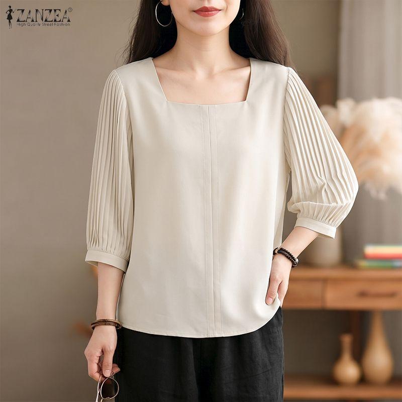 ZANZEA Women Square Collar Solid Color Loose Casual 3/4 Sleeve Blouse