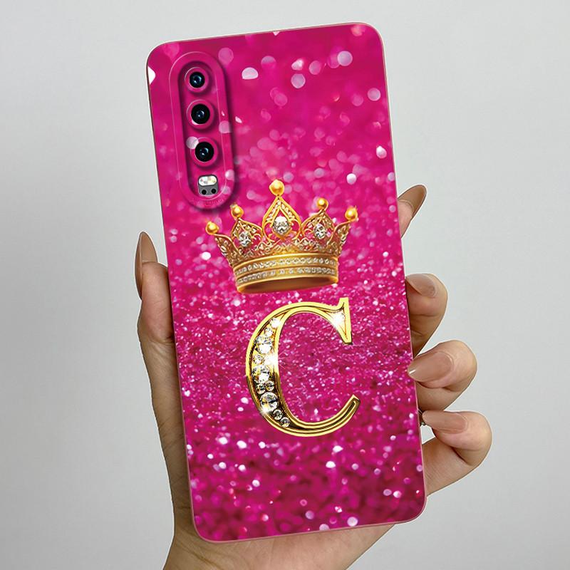 Back Cover For Huawei P30 ELE-L29 P 30 Pro VOG-L29 Crown Initial Letter Phone Case Liquid Soft Silicone Lens Protective Casing