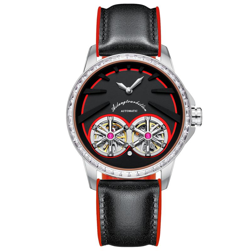 Domed Holographic Glass with Anti Glare AI LANG Fashion Watch Mechanic Automatic Double Tourbillon High-end Leather Wristwatch