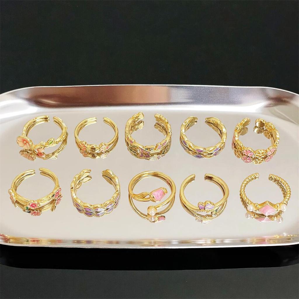 Gold Medieval Enamel Dripping Open Ring Flower Retro Ethnic Color National Style Personalized Luxury Ring