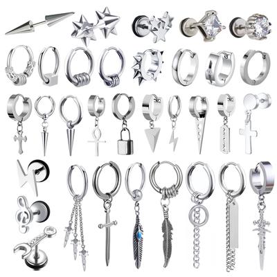 1Pair Punk Lock Lightning Chain Feather Leaf Stainless Steel Male Woman's Piercing Hoop Earring for Man Jewelry New In Vintage