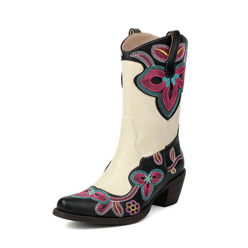 Western Cowboy Boots Women's New Pointed Knight Medium and High Boots Thick Sole Thick Heel High Heel Embroidery