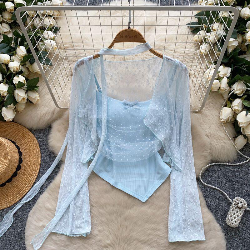 

Atmosphere Sense Fairy Top 2025 New Design Sense Irregular Mesh Patchwork Cami + Long sleeve Outerwear Blue All yards