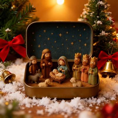 Mini Nativity Set Tin Box Pocket Size Jesus Birth Decoration Christmas Holy Family Decor For Home Office Bedroom Entrance Study