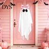 Pink Bow White Ghost Pendant Halloween Hanging Decoration, 31.5 Inch Cute Flying Theme Home Accents for Front Porch Yard Garden Patio Lawn Party Decor