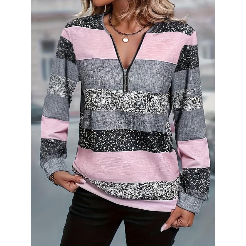 Fashionable Casual Spring/Autumn New Arrival Denim Print Zippered Round Neck Long Sleeve Women's Top