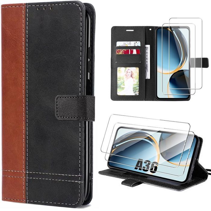 Coque pour Samsung Galaxy A36 5G - BOOLING - Protection Synthécuir Marron/Noir - 2 Verres Trempés