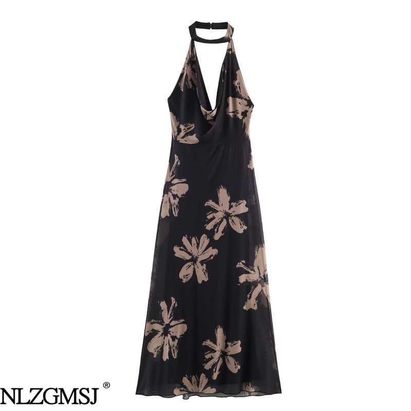 Spring 2026 European & American Style Printed Slim Fit Halter Dress Small