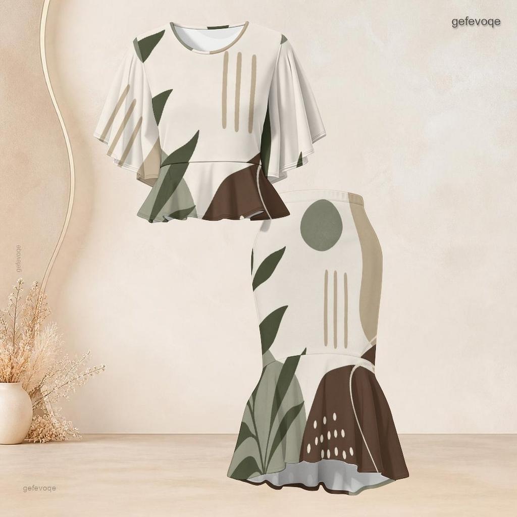 Women Plus Size Round Neck Batwing Sleeve Abstract Printed Ruffle Top Fishtail Skirt Two Piece Set