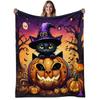 1pc Witch Cat & Pumpkin Flannel Blanket - Soft Warm 280gsm All-Season Cozy Throw with Cat Witch Hat & Bats Print, Purple Pink Orange Yellow Fall Color