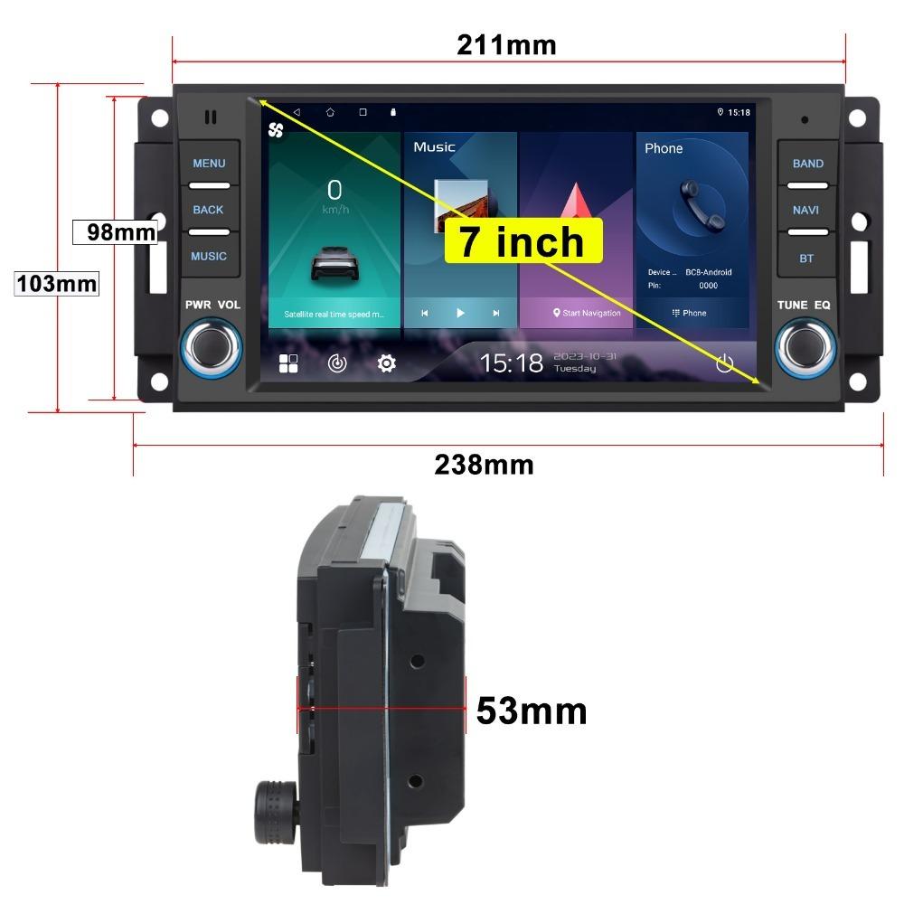 For 2Din Car Android Stereo GPS Player Ram Challenger Jeep Wrangler JK Head Unit Single Radio BT Carplay Multimedia