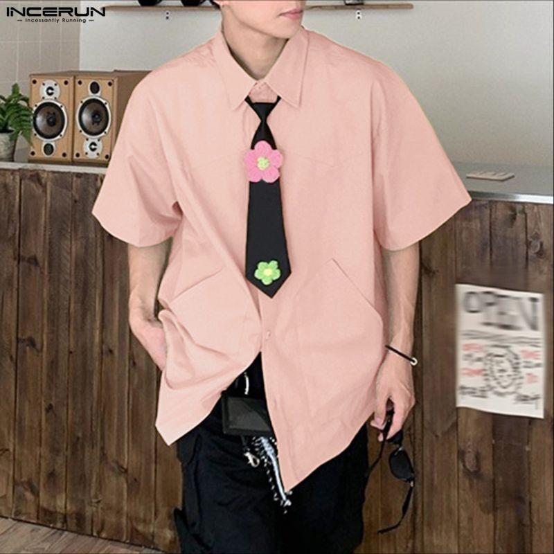 INCERUN Oversized Men Tie Up Neck Short Sleeve Flowers Casual Loose Shirts