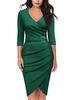 Women's V Neck 3/4 Sleeve Sheath Dress Elegant Ruched Wrap Bodycon Midi Dress For Office Party Cocktail