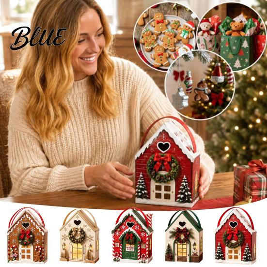 Christmas Eve Gift Containers Wonderland Cottage Box, House Shaped Paper Treat Boxes, Holiday Party Favor Bags Snack Holder with Handle for