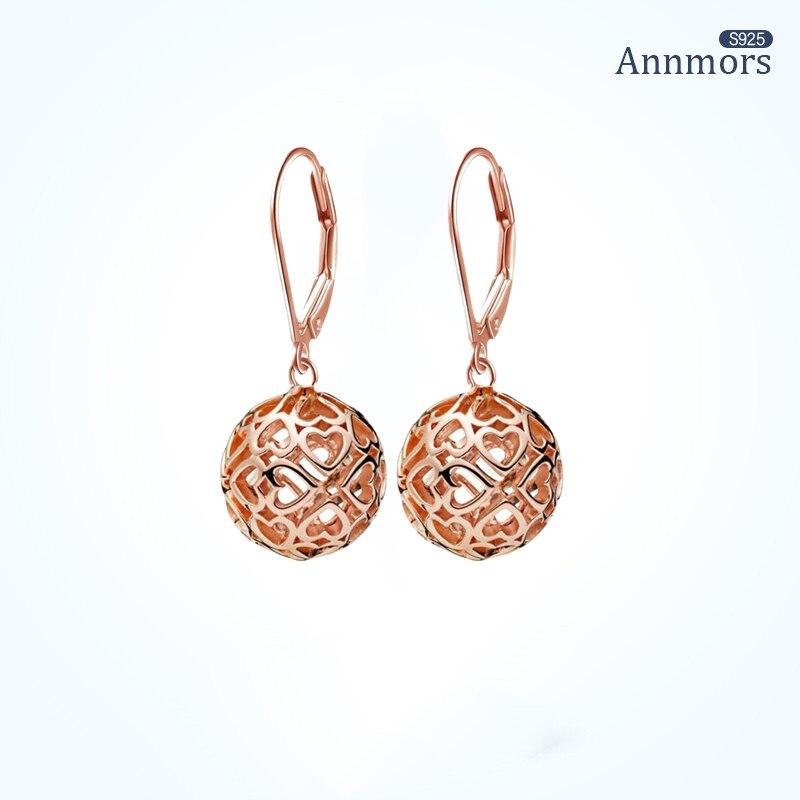 Hollow Rose Gold Heart Shape Drop Earrings Round Ball 925 Sterling Silver Girls Woman Long Tassel Drop Earrings Jewelry Gifts