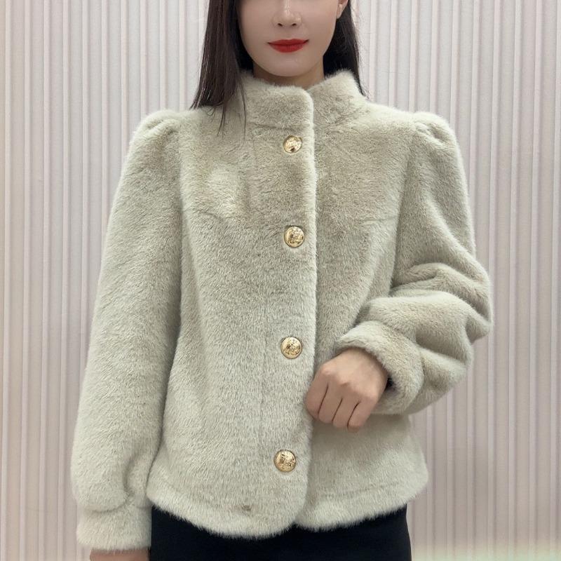 Cappotto Corto di Visone Caldo Spesso Manica Lunga Collo Alto Versatile Capispalla Autunno Inverno