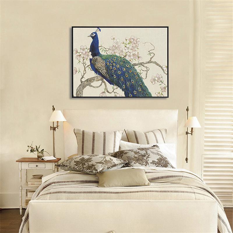 Elegant Arts Blue Peacocks On Tree Pink Flower Traditional Chinese Pastoral Canvas Painting Wall Posters for Home Decor