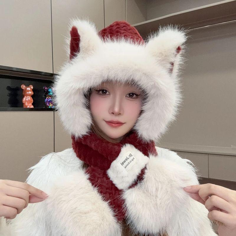 

Женская 2025 Новое поступление Зимний стиль Лиса Шапка-ушанка Шарф Интегрированный Милый Уличный Велоспорт Теплый Ancola Red [Color-block Fox]]