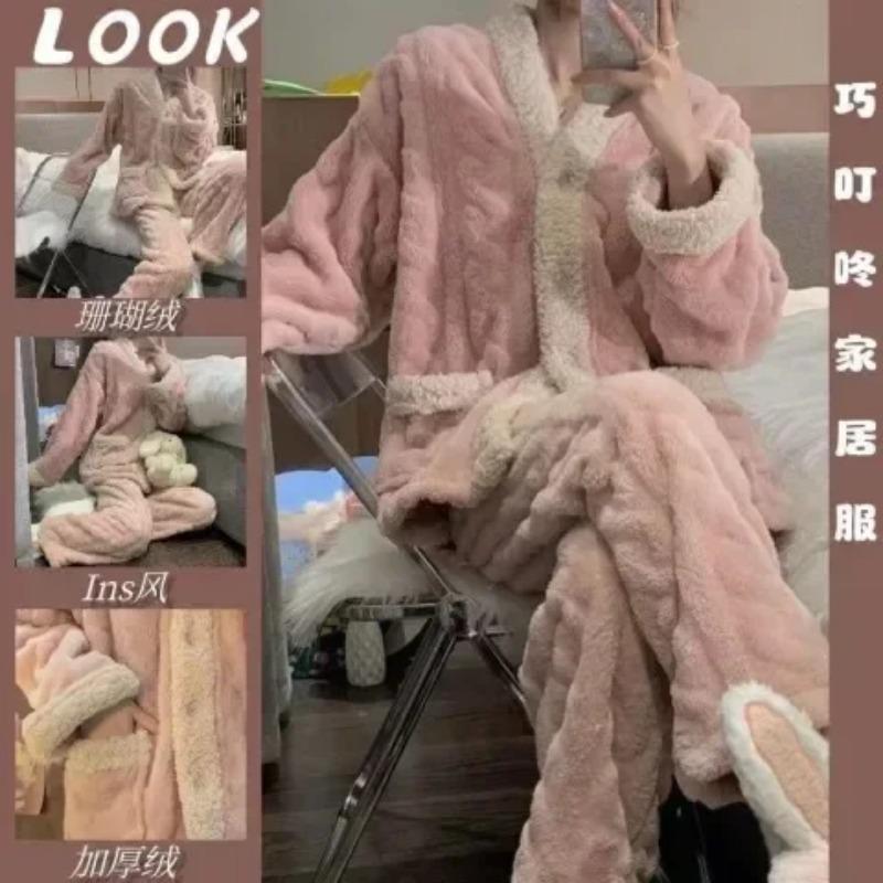 

Утолщенная флисовая подкладка, теплая домашняя одежда, комплект коралловой бархатной пижамы для женщин, осень и зима, новая симпатичная домашняя одежда, пижама для женщин XL